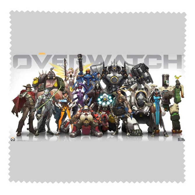 A large microfibre cloth featuring a colourful character design from Overwatch and a logo at the top.