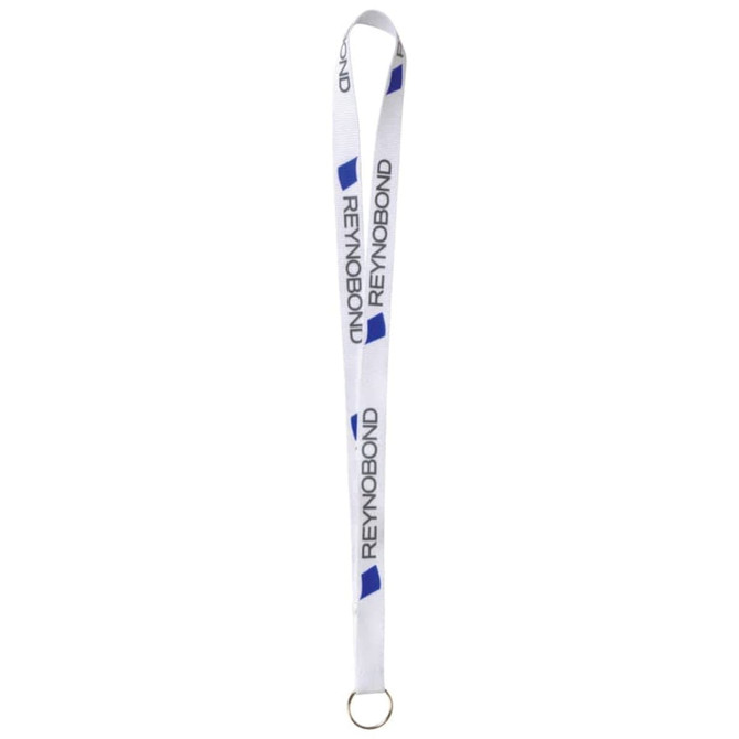 A white lanyard featuring a logo and branding, made from recycled materials, with a circular attachment at the end.