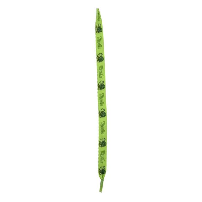 A green shoe lace featuring a logo pattern throughout its length.