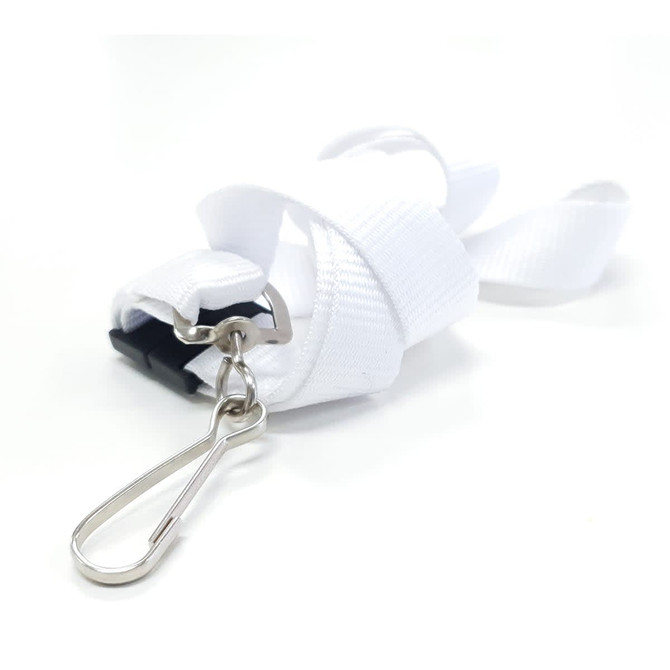 A white 19mm custom lanyard with a metal clip and logo branding.