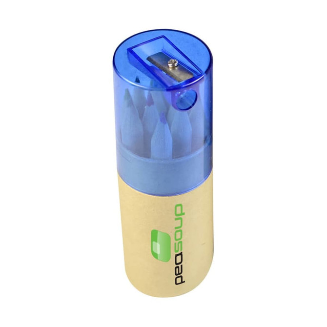 A pencil set featuring multiple coloured pencils and a sharpener in a cylindrical container with a blue lid.