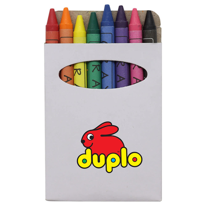 A box containing a set of eight vibrant crayons in various colours, with a logo on the packaging.