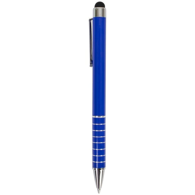 A blue stylus pen with a chrome accent and a branding logo on the body.