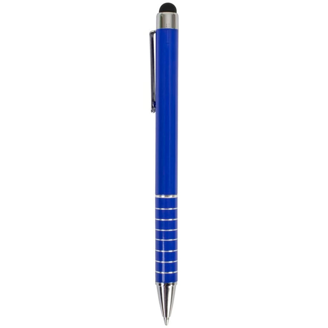 A blue stylus pen with a chrome clip and silver accents, featuring a soft tip for touchscreens.