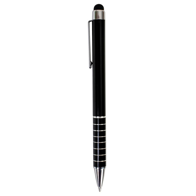 A sleek black stylus pen with silver detailing and a clip. Features a rubber tip for touchscreen use.