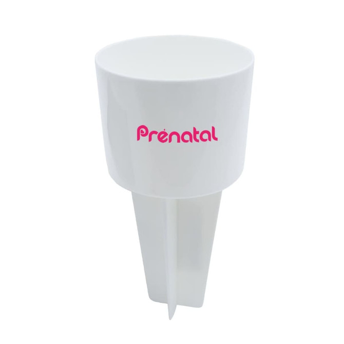 A white sand spike with a pointed base and a wide top, featuring a pink logo.