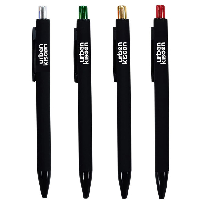 A collection of four black plastic pens with silver, green, gold, and red tips, featuring a logo.