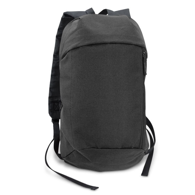 A compact backpack in dark grey, featuring a front zip pocket and adjustable straps. It has a logo on the side.