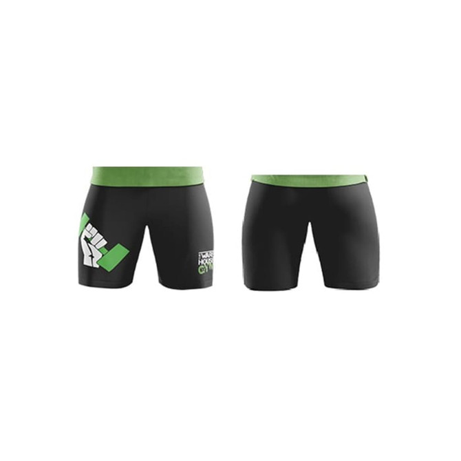 Black sports shorts with a green waistband, featuring a logo on one side. Designed for soccer or touch football.