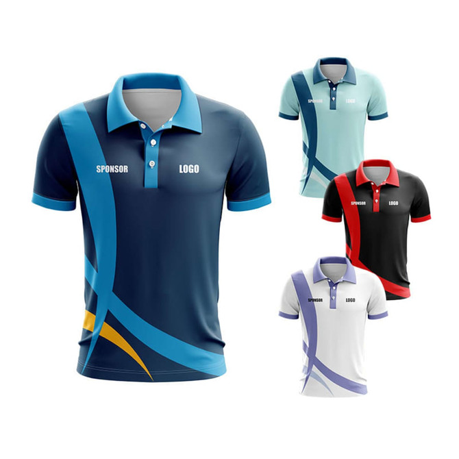 A set of four polo shirts in blue, teal, red, and black, each featuring a logo.