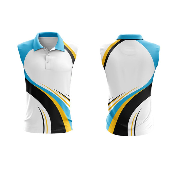 A sleeveless polo shirt in white with blue, black, and gold designs, featuring a collar and a logo.