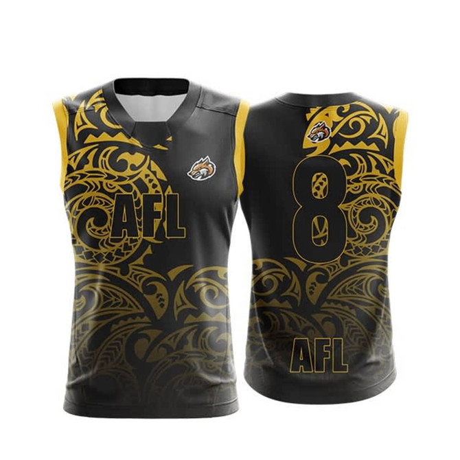 A black and gold AFL jersey featuring a patterned design and a logo. The back displays the number 8.