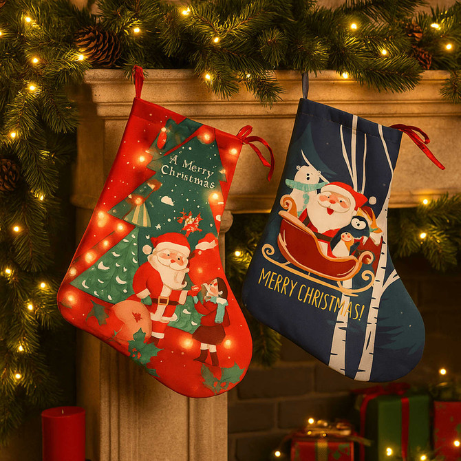 A red Christmas-themed sock tote featuring Santa, festive trees, and lights, with a drawstring closure.