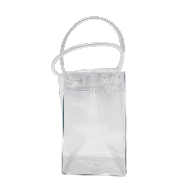 A small, clear cooler bag with transparent handles, featuring a minimalistic design and a logo.