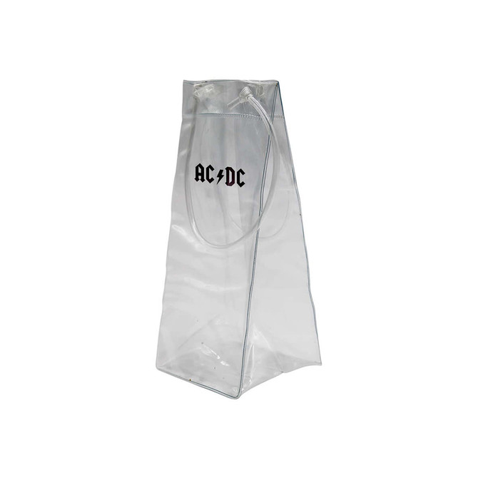 A transparent medium cooler bag with an embossed logo, featuring a simple geometric design.
