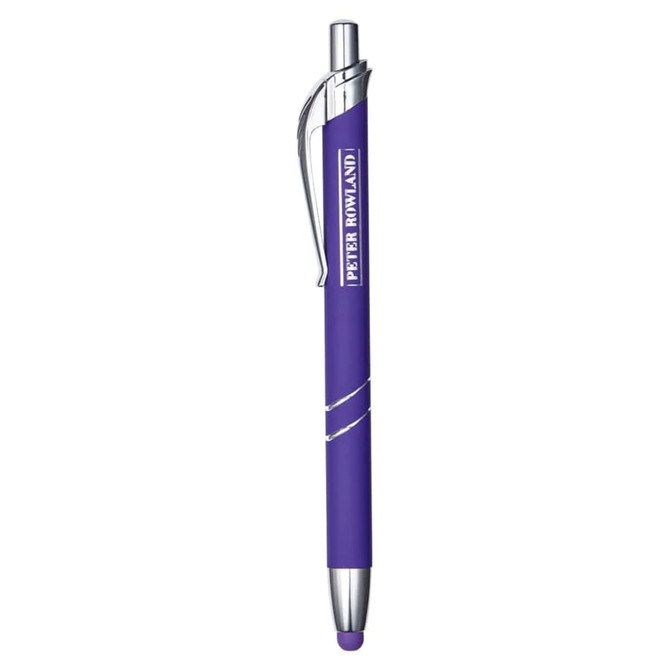 A purple metal pen with a silver clip and a logo. It features a sleek, modern design suitable for promotional use.