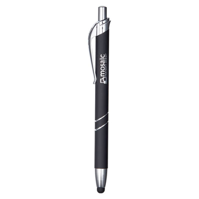 A black metal pen with a chrome clip and a branding logo, featuring a stylus tip for touch screens.