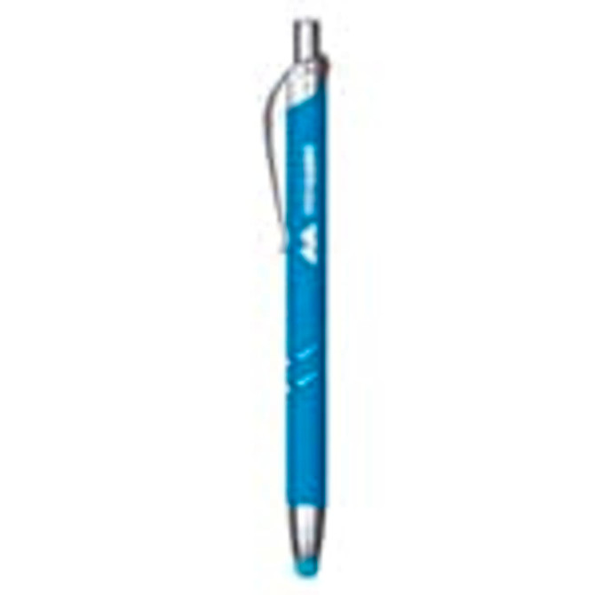 A blue metal pen with a silver clip and a logo, designed for writing.