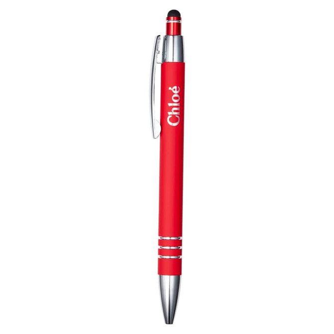 A red metal pen with a silver clip and a branding logo on the barrel. It features a stylus tip.