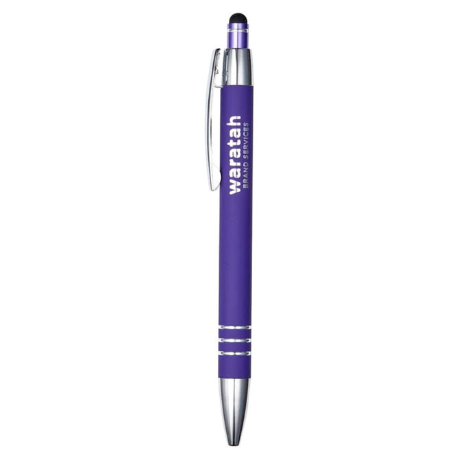 A purple metal pen with a silver clip and stylus tip, featuring a logo on the barrel.