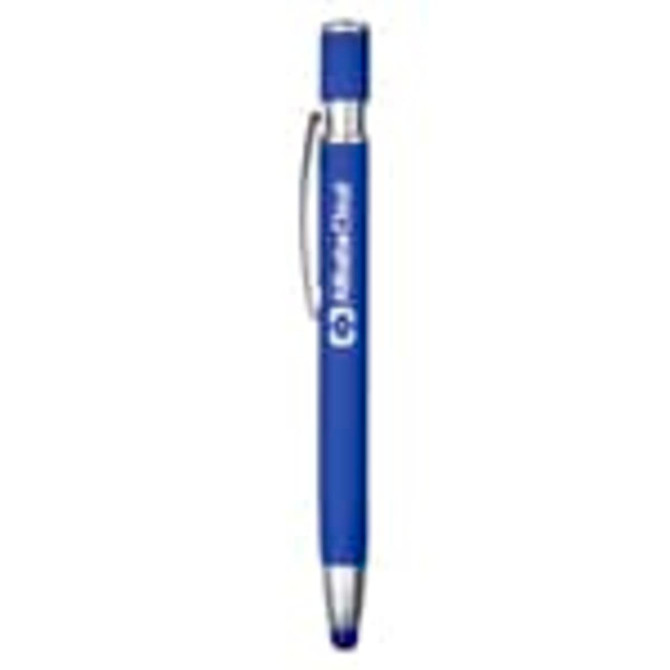 A blue metal pen featuring a shiny silver clip and branding on its barrel.