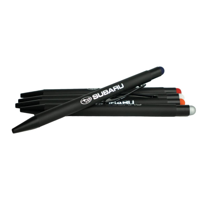 A set of stylus pens in various colours, featuring a logo, arranged in a pile on a white background.