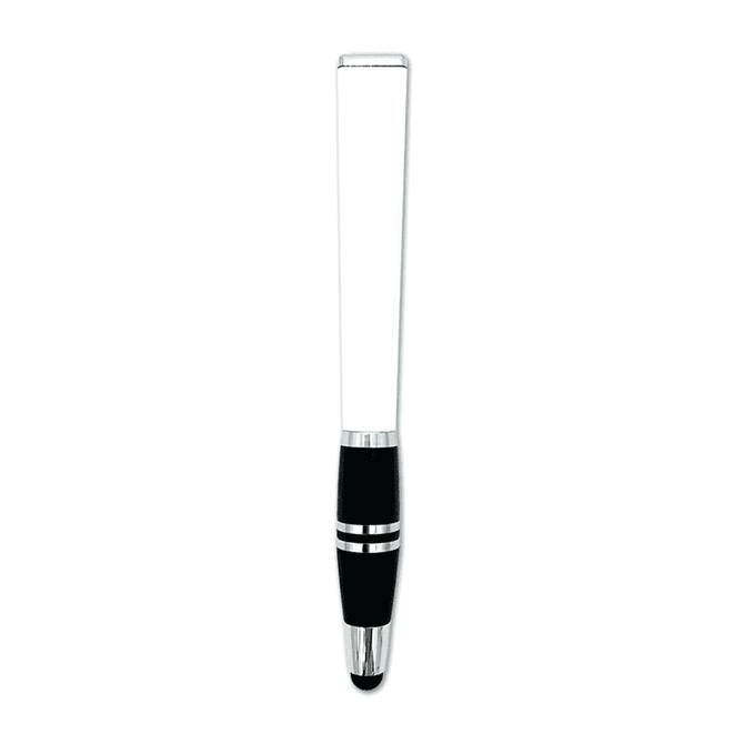 A black stylus pen with a sleek design and chrome accents. The top is smooth and clear. It features a logo.