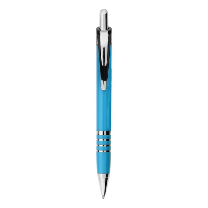 A blue metal pen with silver accents and a clip, featuring a sleek, modern design.