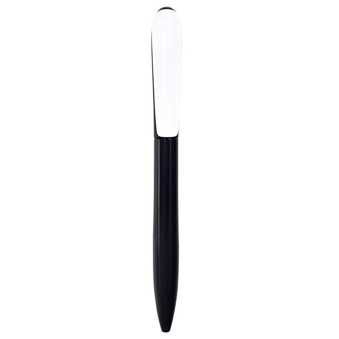 A black plastic pen with a glossy white detailing and a smooth design, featuring a logo on the barrel.