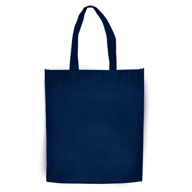 A navy blue large shopping tote bag with a gusset and two handles; features a logo.