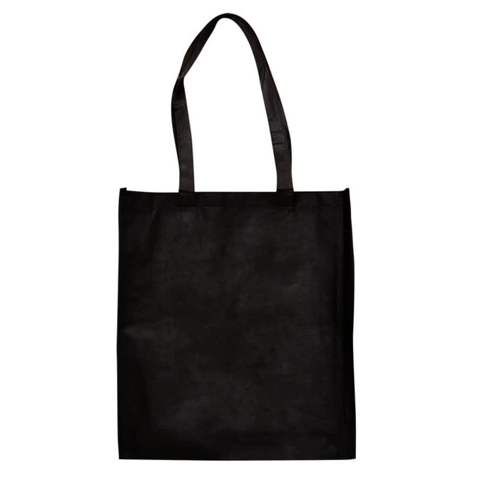A large black shopping tote bag with gusset and long handles, featuring a logo.