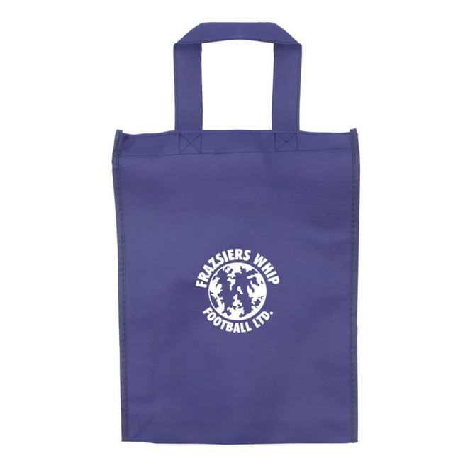 A purple tradeshow bag with two handles and a logo on the front.