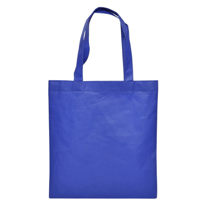A solid blue shopping tote bag with two handles and no visible branding or logos.