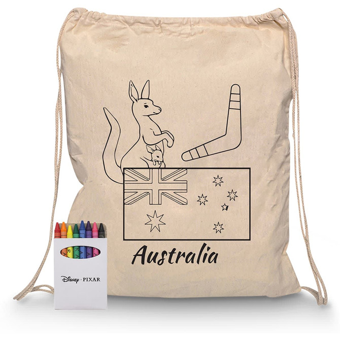 A cream drawstring bag featuring an illustration of a kangaroo and the Australian flag, accompanied by a crayon set in vibrant colours.