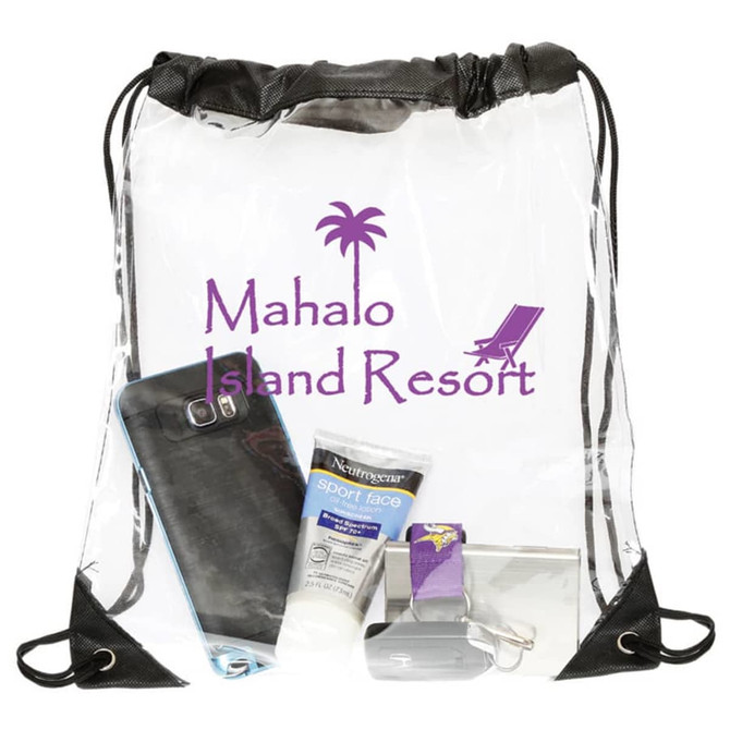 A clear drawstring bag containing a phone, sunscreen, and other small items, featuring a logo.