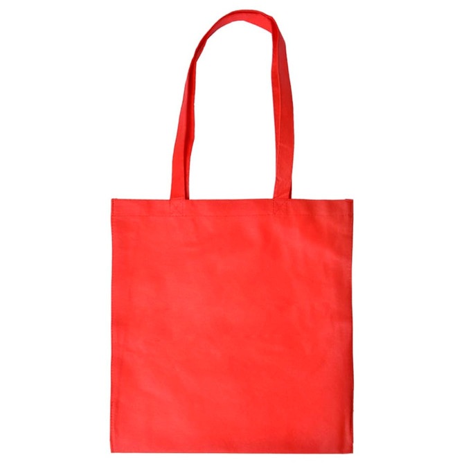 A red shopping tote bag with long handles and a V gusset. It features a simple design and has a logo.
