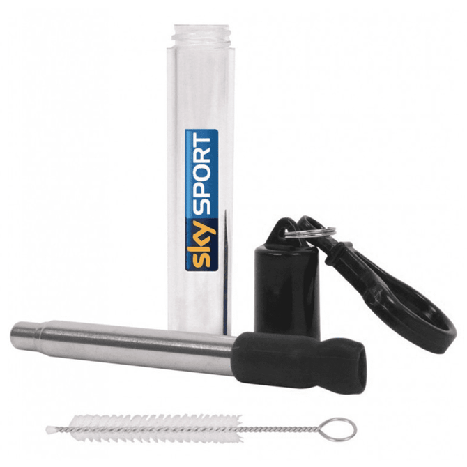 A stainless steel telescopic straw in a clear case, accompanied by a cleaning brush and a black keychain attachment.