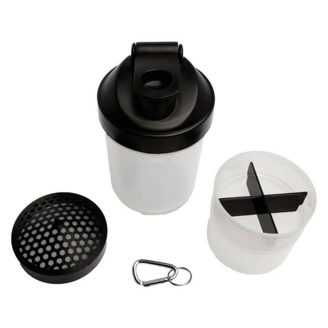 A drink bottle featuring a clear body with a black lid, removable compartment, and a keyring attachment.