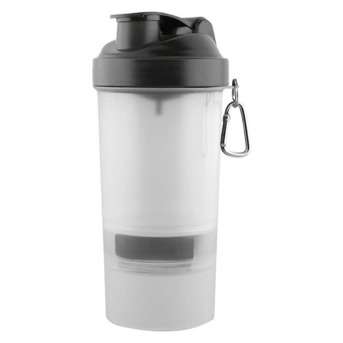 A drink bottle featuring a black lid and a clear body, with a built-in compartment and a logo.