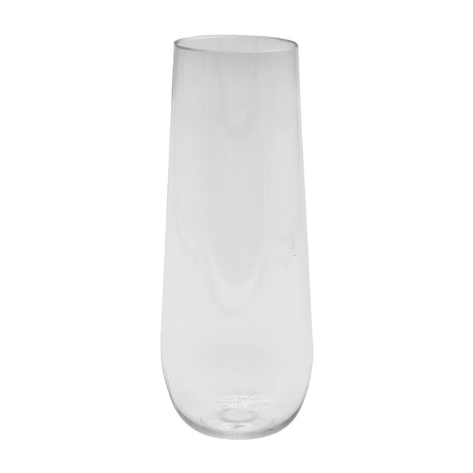 A stemless shatterproof champagne glass in clear plastic with a smooth, modern design. It features a logo.