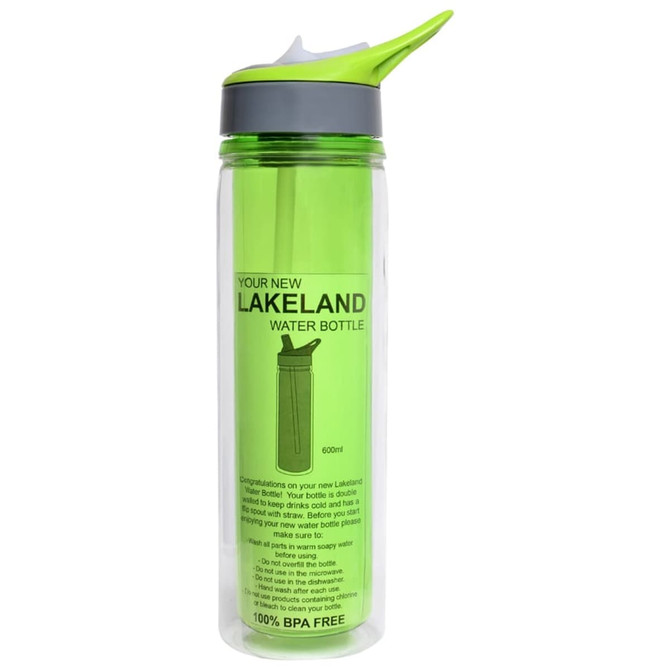 A drink bottle made of clear Tritan with a green lid and a flip-top spout. It has a branding logo.