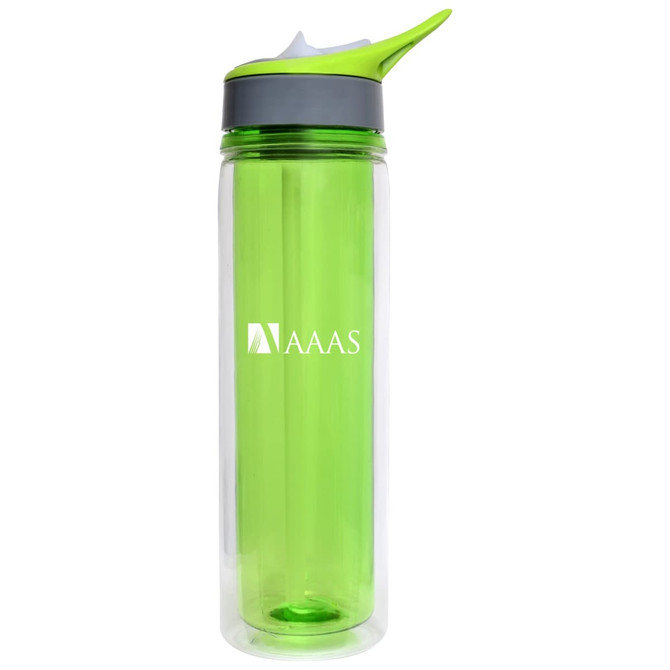 A drink bottle made of clear Tritan material with a vibrant green lid and spout, featuring a logo.