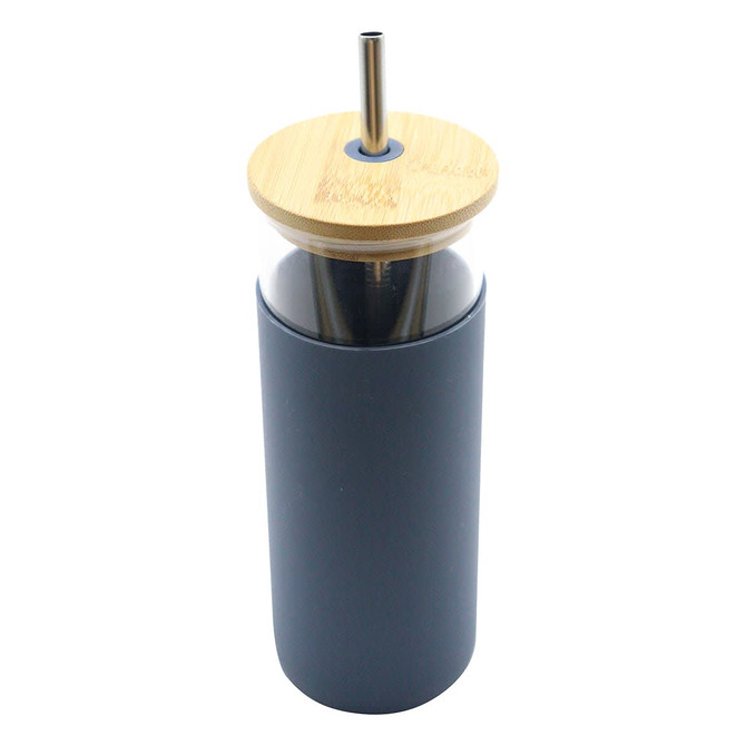 A drink bottle with a dark grey body, bamboo lid, and metal straw. It features a logo on the side.