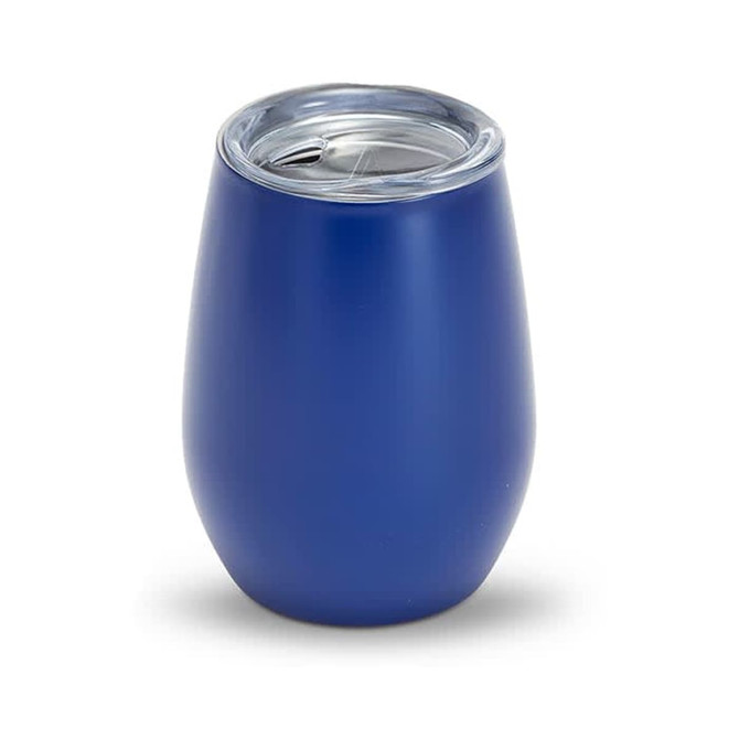 A drink bottle in a deep blue colour with a clear lid, featuring a smooth surface and a rounded shape.