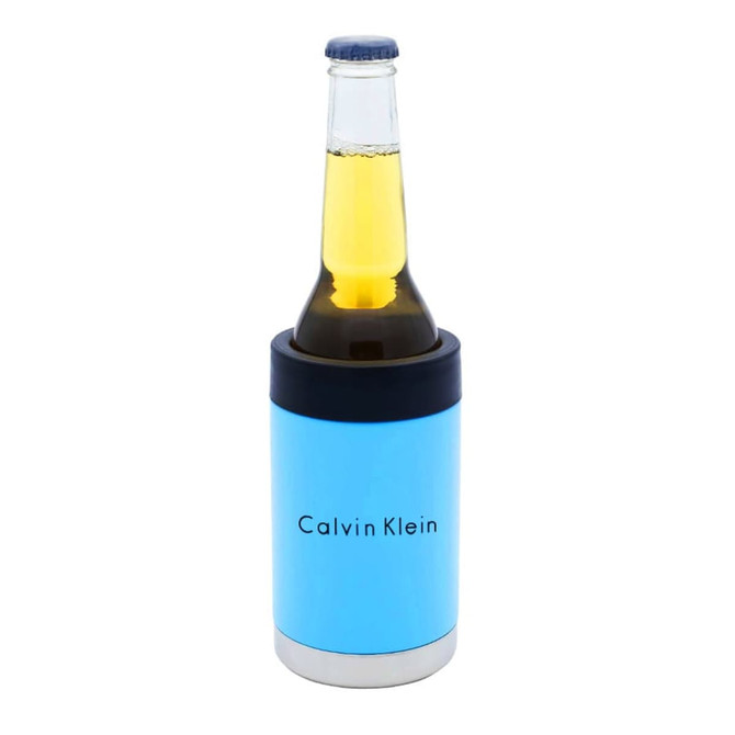 A blue stubby cooler holds a beer bottle, featuring a black top and a logo.