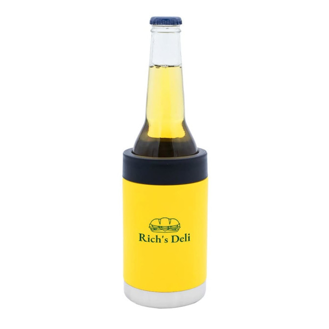 A yellow stubby cooler with a black base, holding a clear bottle. It features a logo.