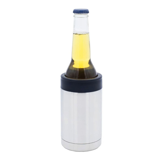 A silver stubby cooler containing a bottle of beer, featuring a dark blue top and a sleek design.