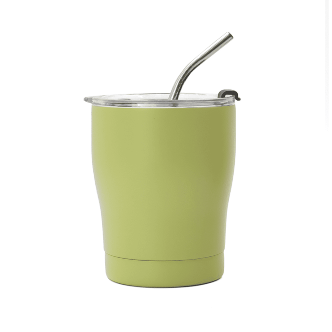A drink bottle in a pastel green colour featuring a stainless steel straw and a clear lid, with a branding logo.