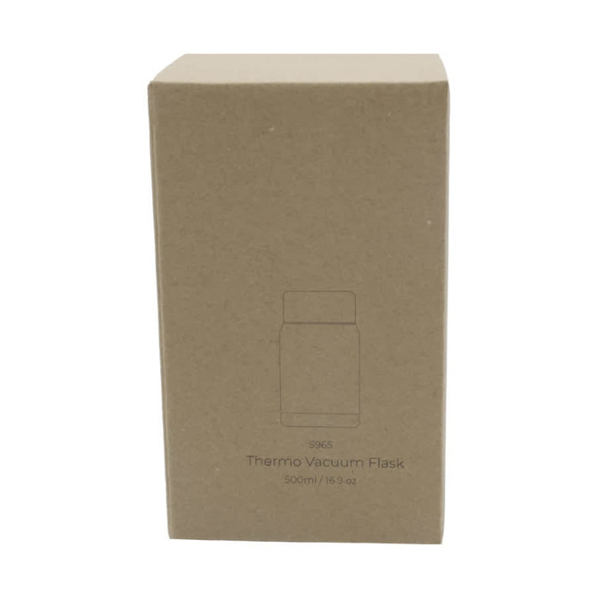 A drink bottle in a cardboard box, featuring a simple design with a vacuum flask and a light brown colour.