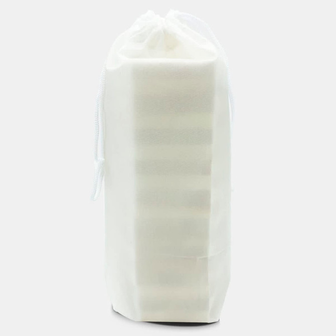A white pouch containing a stacking puzzle set. The pouch is tied at the top with a drawstring.